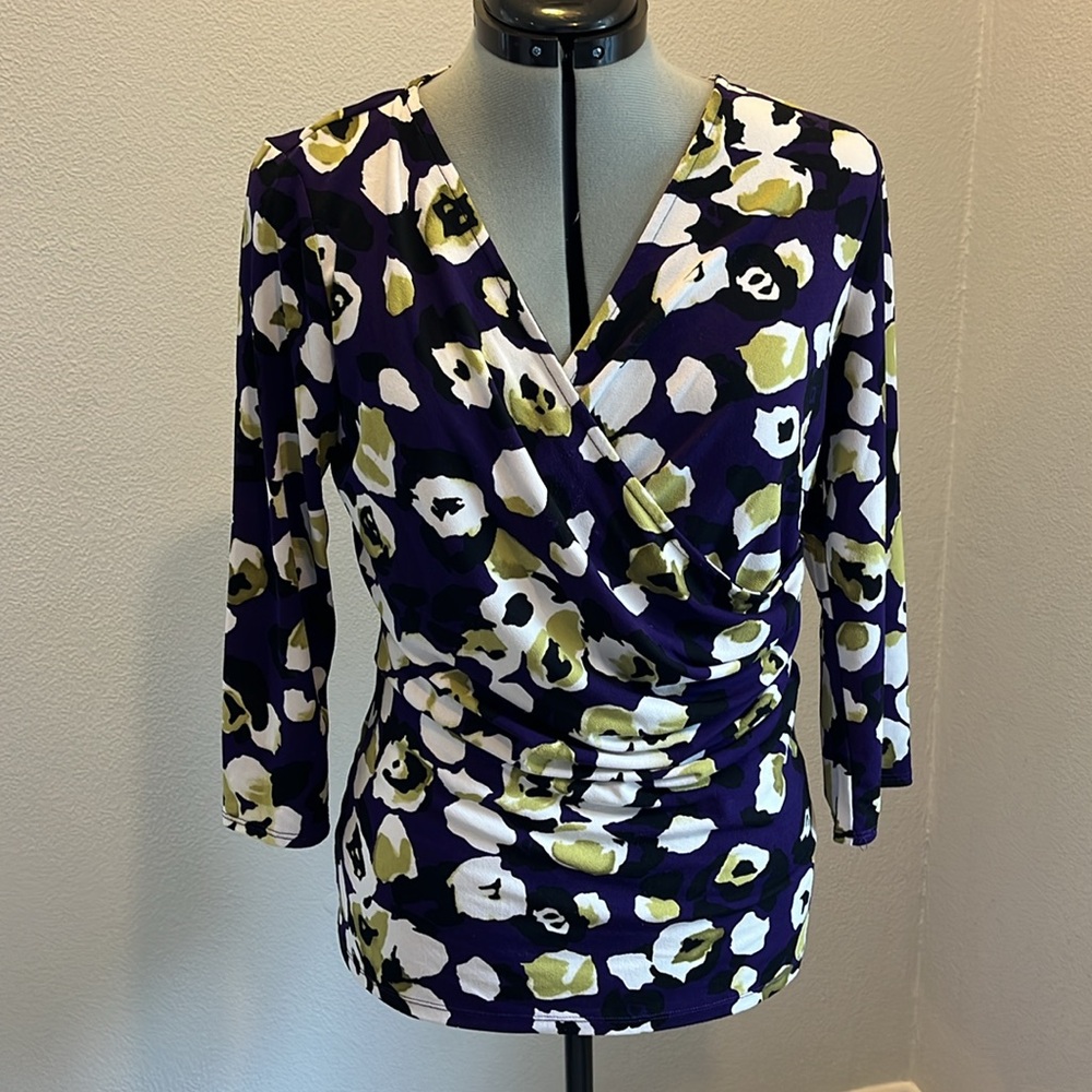 Ann Taylor wrap blouse size  M, purple and green design, 3/4 sleeve. EUC!